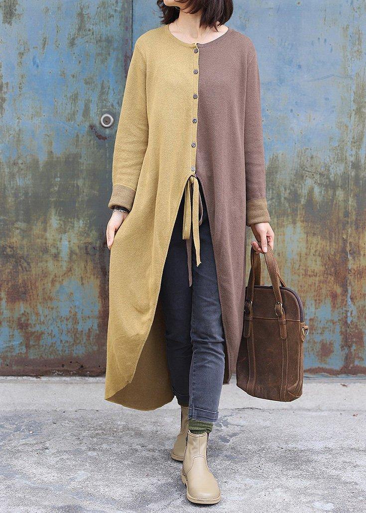Cozy khaki patchwork yellow fall fashion o neck asymmetric hem knit outwear - SooLinen