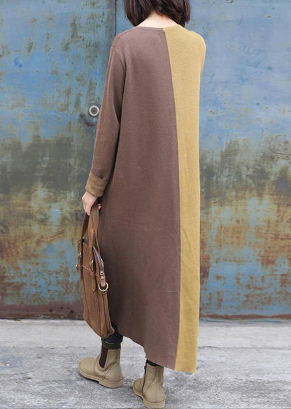 Cozy khaki patchwork yellow fall fashion o neck asymmetric hem knit outwear - SooLinen