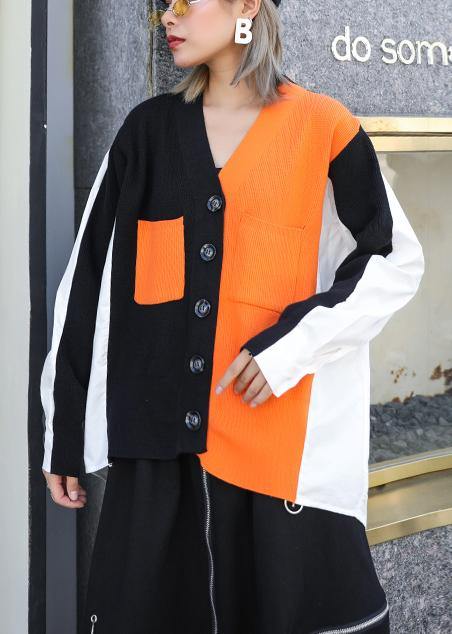 Cozy knitwear plus size black v neck patchwork knitted jackets - SooLinen