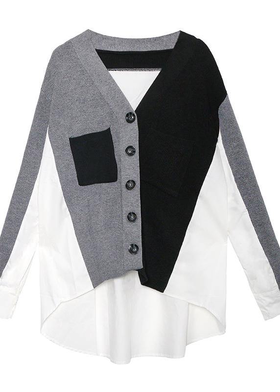Cozy knitwear plus size black v neck patchwork knitted jackets - SooLinen