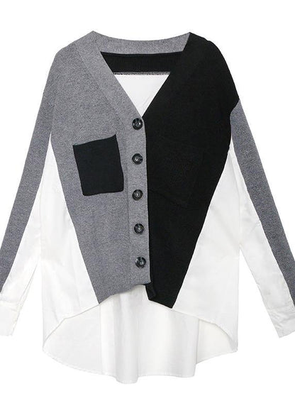 Cozy knitwear plus size black v neck patchwork knitted jackets - SooLinen