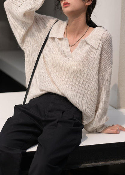 Cozy nude knit tops v neck long sleeve Loose fitting knitted blouse - SooLinen