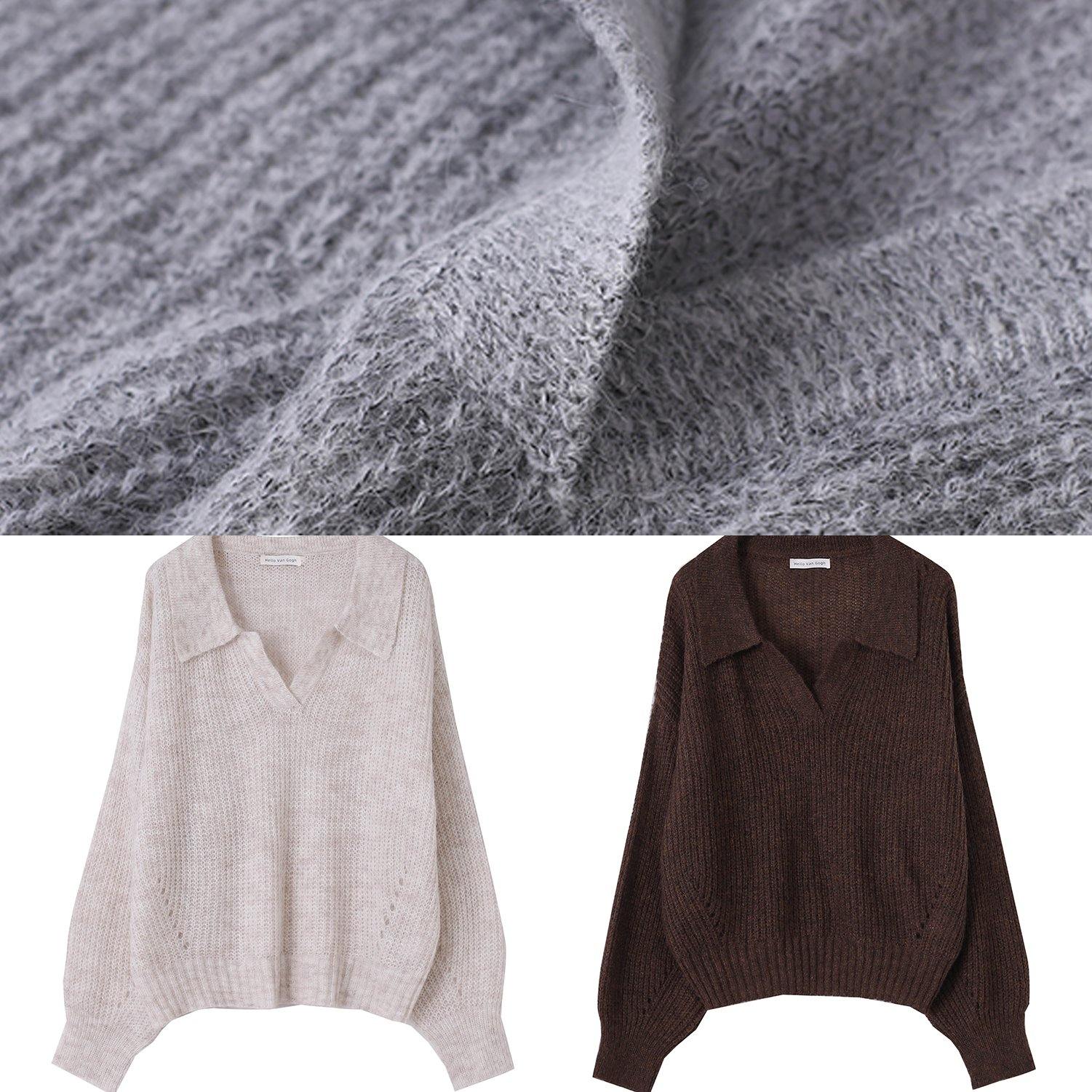 Cozy nude knit tops v neck long sleeve Loose fitting knitted blouse - SooLinen