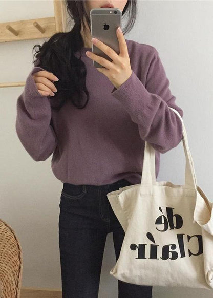 Cozy o neck purple knit tops trendy plus size wild Blouse - SooLinen