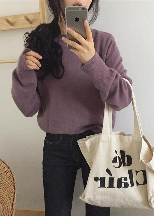 Cozy o neck purple knit tops trendy plus size wild Blouse - SooLinen