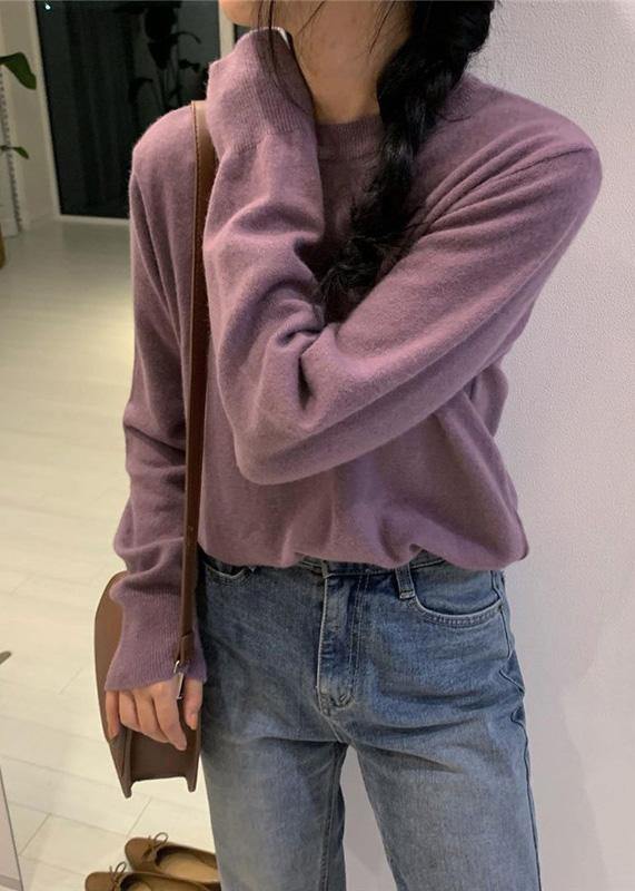 Cozy o neck purple knit tops trendy plus size wild Blouse - SooLinen
