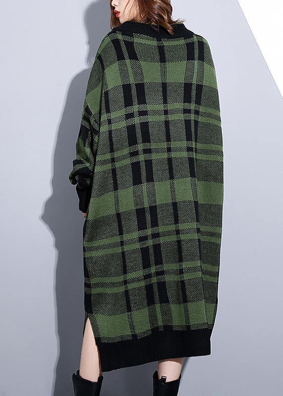 Cozy orange plaid Sweater weather Design v neck side open Art knit dresses - SooLinen