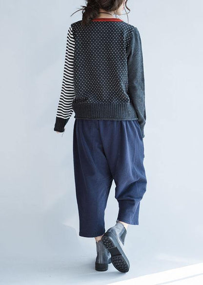 Cozy striped knit jacket plus size fall knit sweat tops o neck Button Down - SooLinen