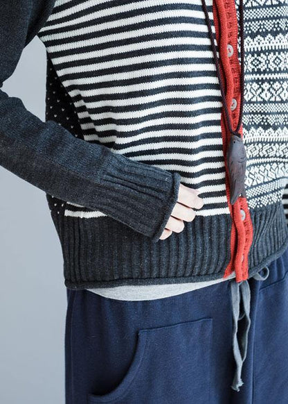 Cozy striped knit jacket plus size fall knit sweat tops o neck Button Down - SooLinen