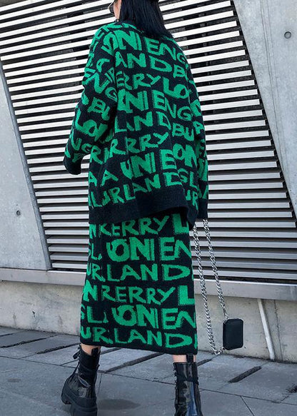 Cozy winter green prints knit sweat tops and elastic waist skirt casual two pieces - SooLinen