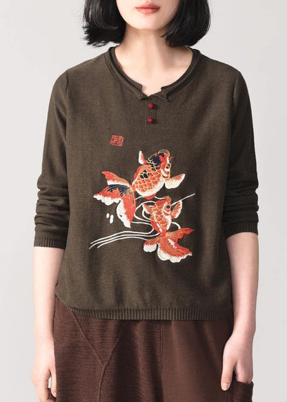 Cozy yellow knit t shirt Loose fitting animal embroidery knitted sweater long sleeve - SooLinen