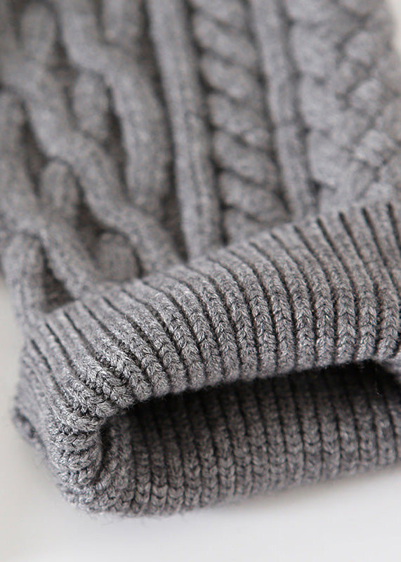 Gemütliches Baumwollpullover-Outfit mit Zitaten, hoher Halsausschnitt, graues Hipster-Stricktop, Frühlingskabel