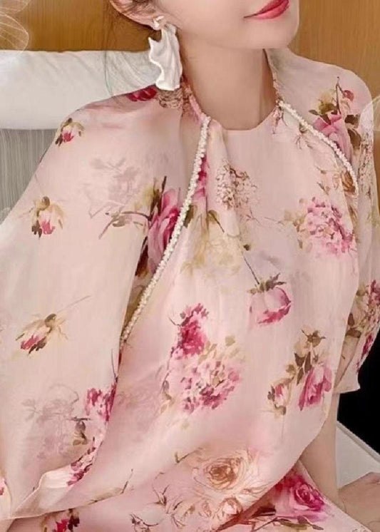 Cut Light Pink O-Neck Print Chiffon Maxi Dress Half Sleeve