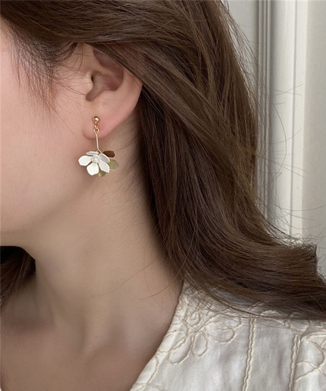 Cut Yellow Copper Overgild Asymmetrical Floral Drop Earrings