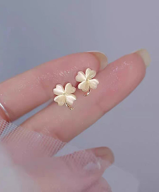 Cute Apricot Alloy Cat's Eye Stone Four-Leaf Clover Stud Earrings