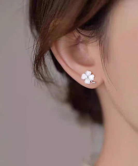 Cute Apricot Alloy Cat's Eye Stone Four-Leaf Clover Stud Earrings