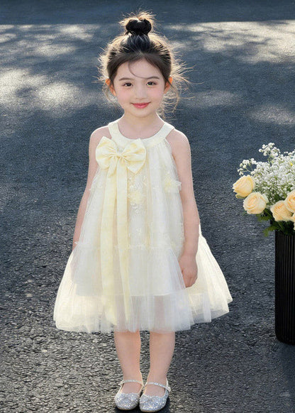 Cute Apricot Halter Ruffled Bow Patchwork Tulle Kids Long Dress Sleeveless