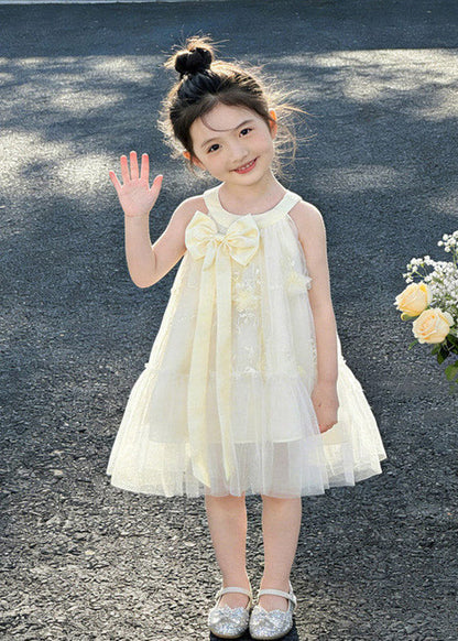 Cute Apricot Halter Ruffled Bow Patchwork Tulle Kids Long Dress Sleeveless