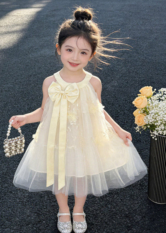 Cute Apricot Halter Ruffled Bow Patchwork Tulle Kids Long Dress Sleeveless