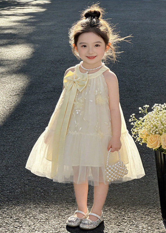 Cute Apricot Halter Ruffled Bow Patchwork Tulle Kids Long Dress Sleeveless