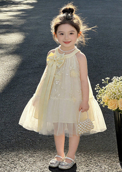 Cute Apricot Halter Ruffled Bow Patchwork Tulle Kids Long Dress Sleeveless