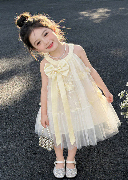 Cute Apricot Halter Ruffled Bow Patchwork Tulle Kids Long Dress Sleeveless