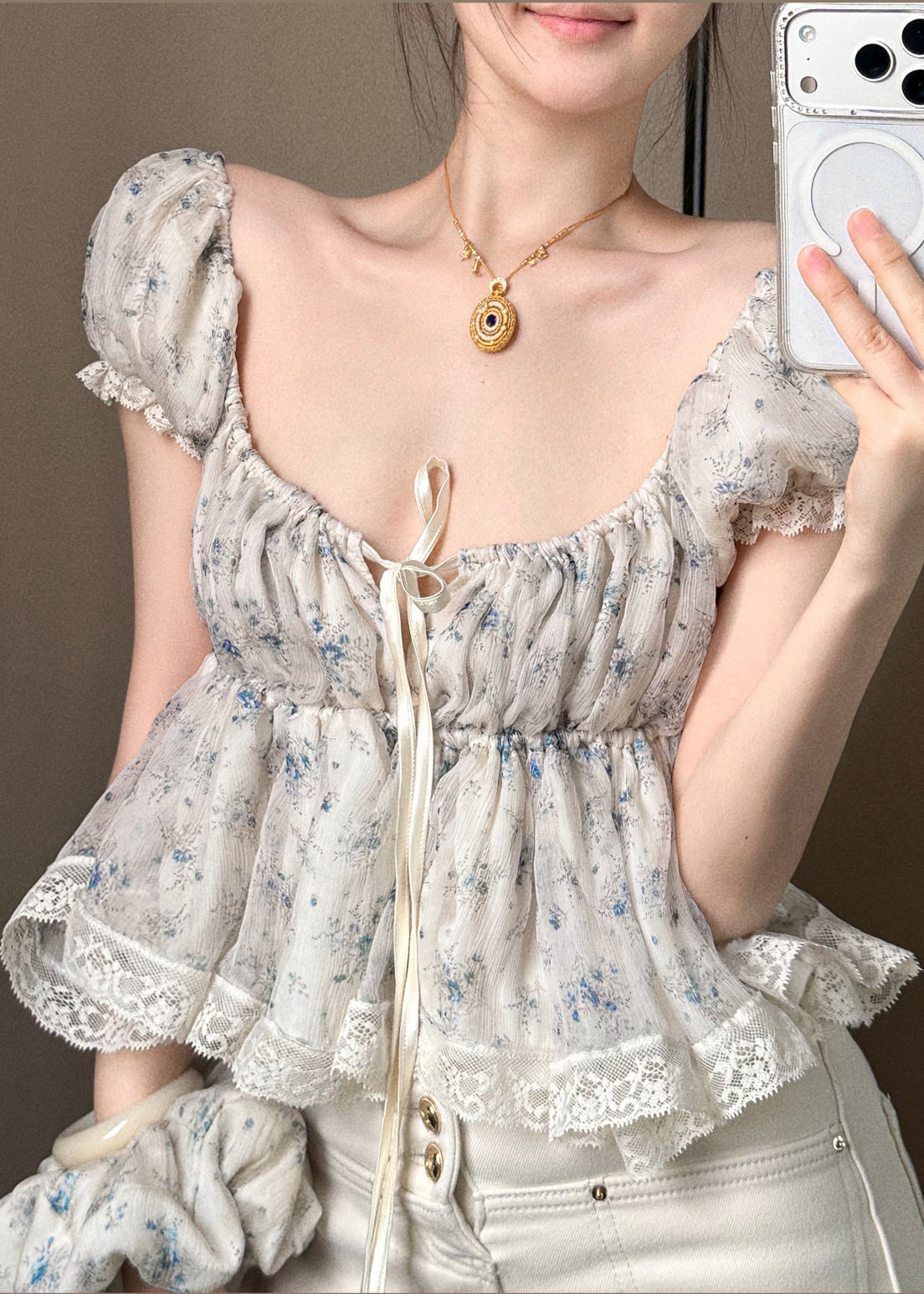Cute Apricot Lace Up Puff Sleeve Lace Patchwork Cotton Top