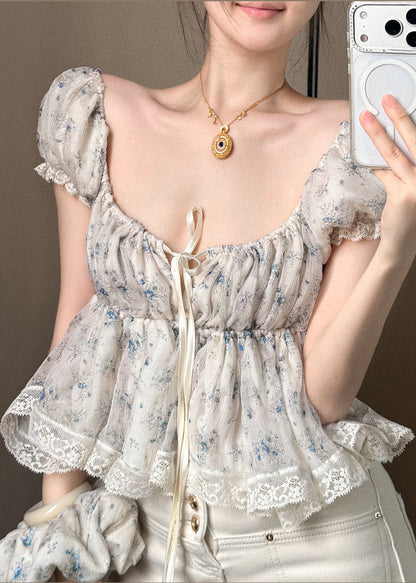 Cute Apricot Lace Up Puff Sleeve Lace Patchwork Cotton Top