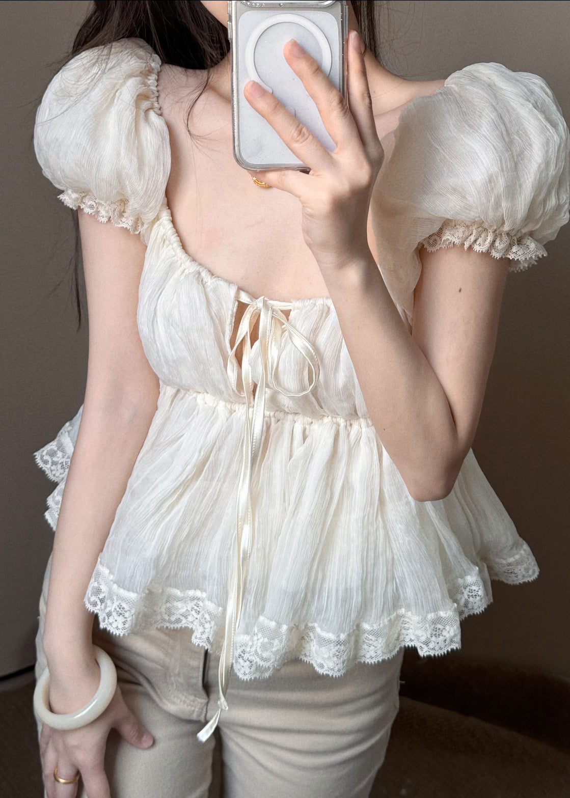Cute Apricot Lace Up Puff Sleeve Lace Patchwork Cotton Top