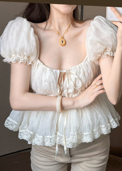Cute Apricot Lace Up Puff Sleeve Lace Patchwork Cotton Top