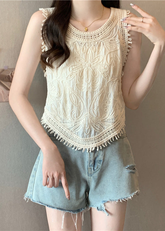 Cute Apricot O-Neck Tassel Lace Vest Sleeveless