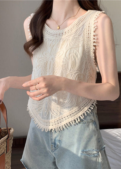 Cute Apricot O-Neck Tassel Lace Vest Sleeveless