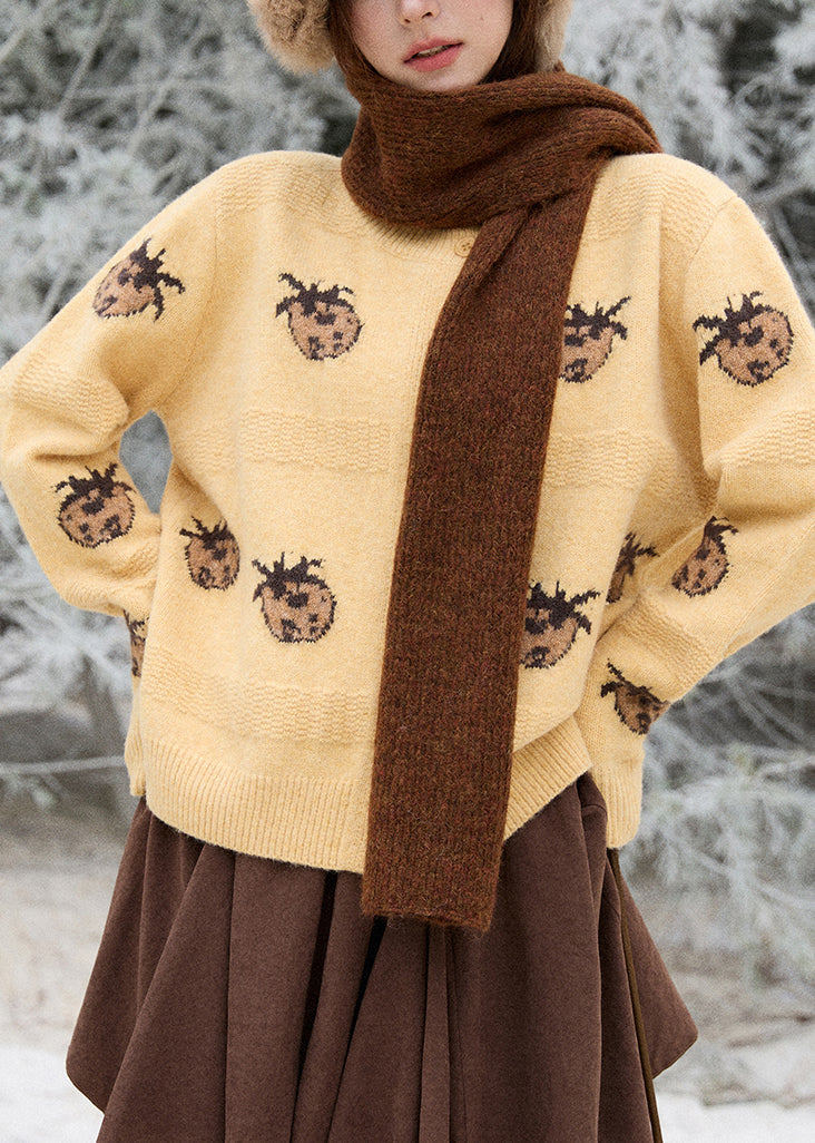 Niedliche Strickjacke aus Baumwolle mit Aprikosenmuster und Knöpfen, langärmelig