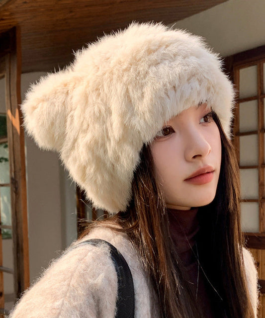 Lindo gorro de invierno de piel afelpada y cálida con orejas de gato beige