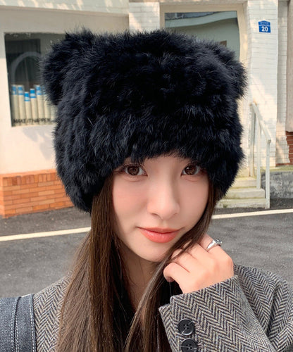 Lindo gorro de invierno de piel afelpada y cálida con orejas de gato beige