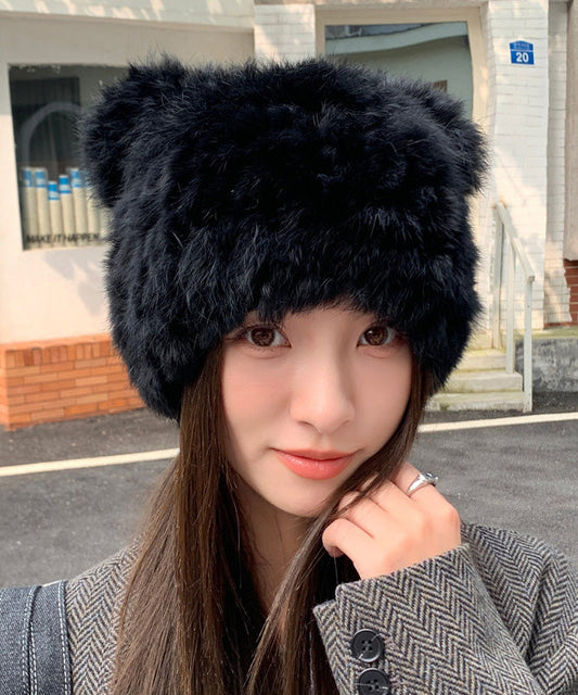 Lindo gorro de invierno de piel afelpada y cálida con orejas de gato beige