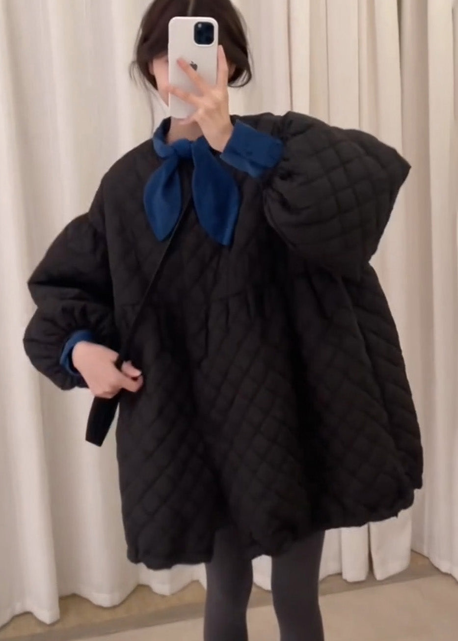 Cute Black Oversized Plaid Fine Cotton Filled Dresses Lantern Sleeve