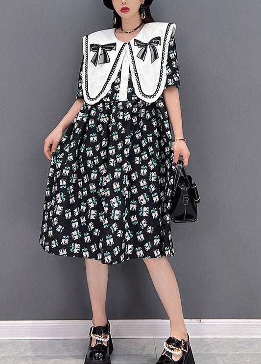 Süße schwarze Peter Pan Kragen Schleife Print Chiffon A-Linie Kleider Kurzarm
