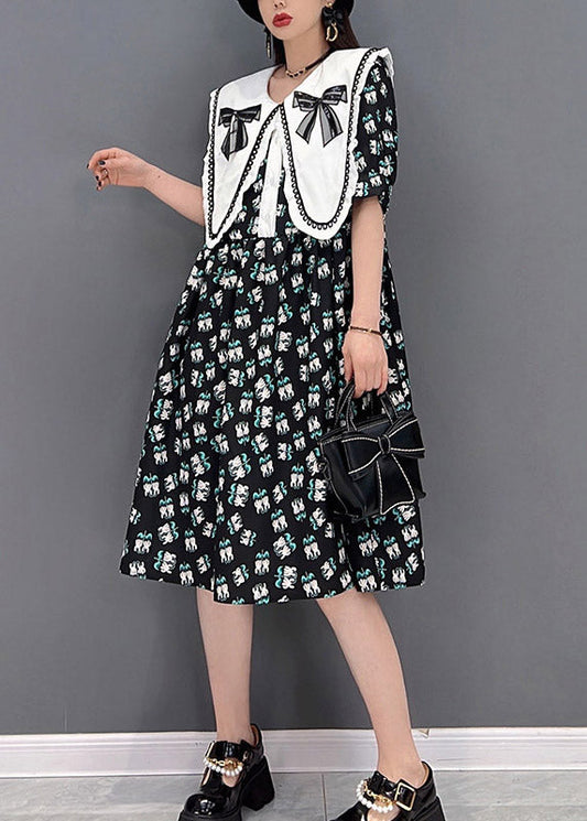 Süße schwarze Peter Pan Kragen Schleife Print Chiffon A-Linie Kleider Kurzarm