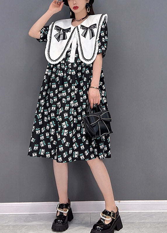 Süße schwarze Peter Pan Kragen Schleife Print Chiffon A-Linie Kleider Kurzarm