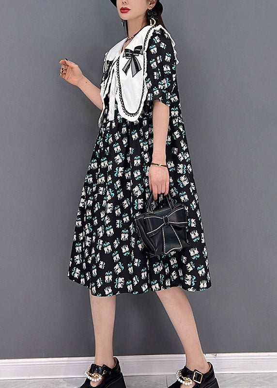 Süße schwarze Peter Pan Kragen Schleife Print Chiffon A-Linie Kleider Kurzarm