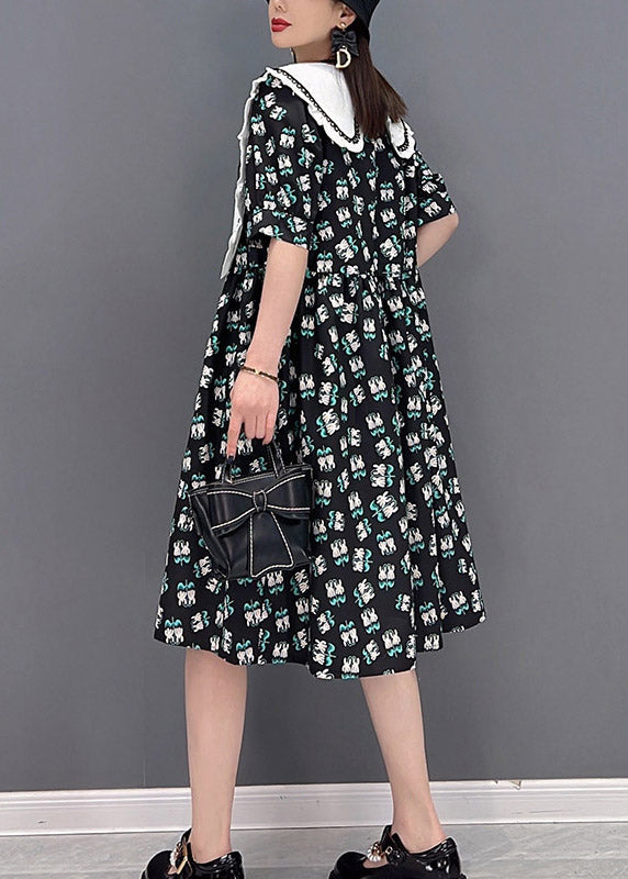 Süße schwarze Peter Pan Kragen Schleife Print Chiffon A-Linie Kleider Kurzarm