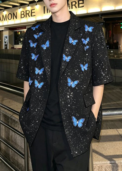 Cute Black Sequins PocketsButterfly Cotton Mens Jacket Half Sleeve