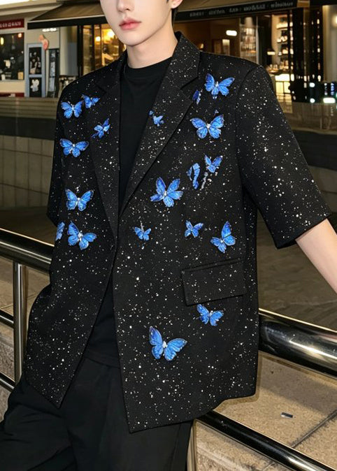 Cute Black Sequins PocketsButterfly Cotton Mens Jacket Half Sleeve