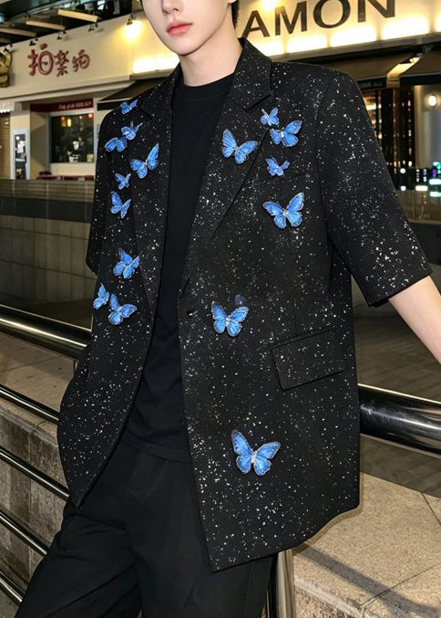 Cute Black Sequins PocketsButterfly Cotton Mens Jacket Half Sleeve