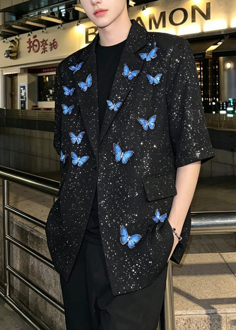 Cute Black Sequins PocketsButterfly Cotton Mens Jacket Half Sleeve