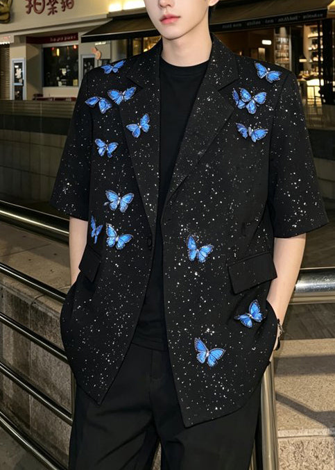 Cute Black Sequins PocketsButterfly Cotton Mens Jacket Half Sleeve