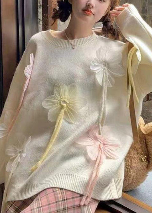 Suéter de punto grueso de algodón con estampado floral y cuello redondo azul bonito para otoño