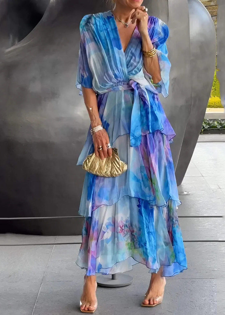 Cute Blue O-Neck Print Chiffon Long Dress Short Sleeve