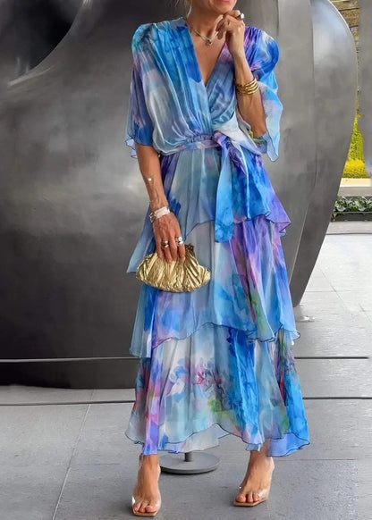 Cute Blue O-Neck Print Chiffon Long Dress Short Sleeve